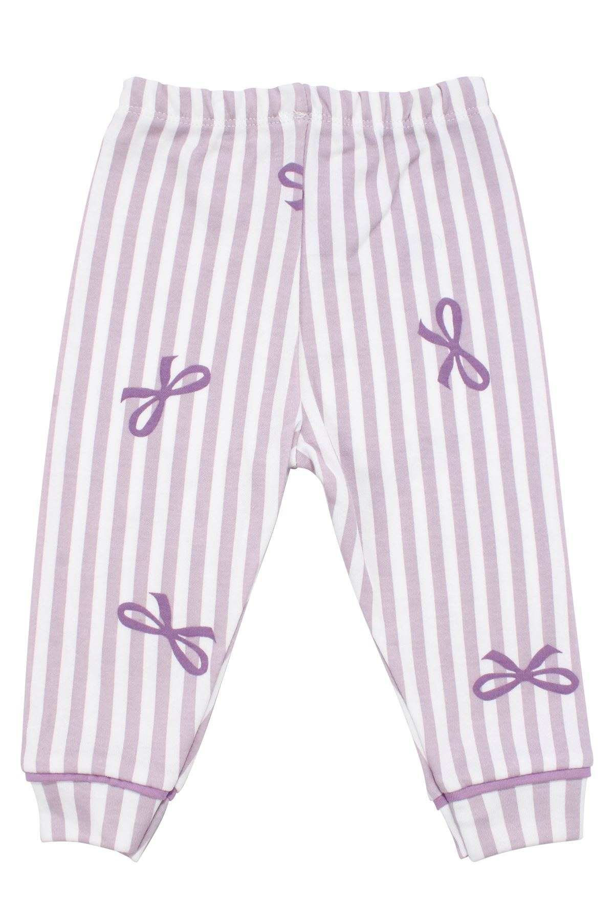 Kız Bebek Beyaz Lila Fiyonklu Çizgili Pijama Takımı