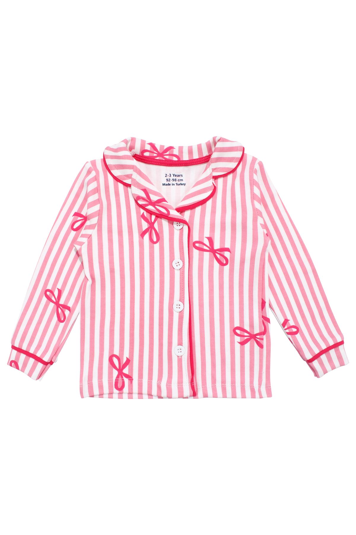 Kız Bebek Beyaz Pembe Fiyonklu Çizgili Pijama Takımı