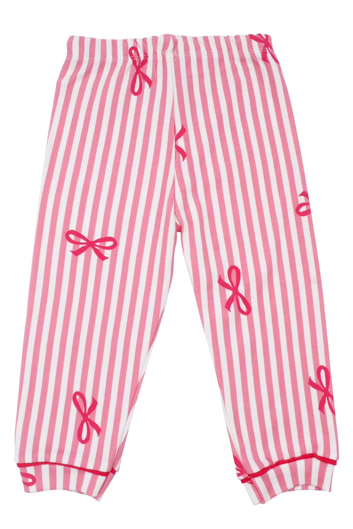 Kız Bebek Beyaz Pembe Fiyonklu Çizgili Pijama Takımı