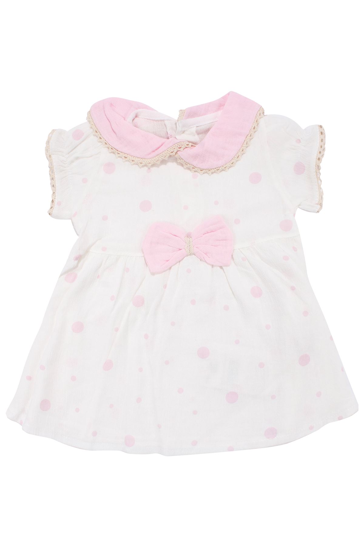 Kız Bebek Ekru Pembe Fistolu Bebe Yaka Puanlı Elbise