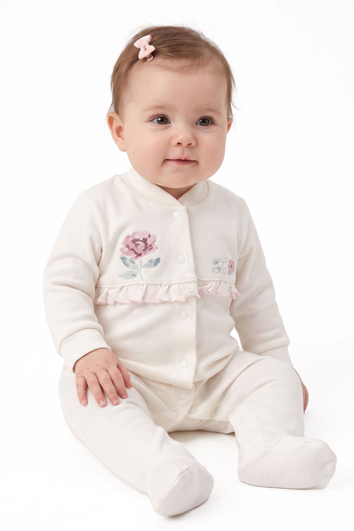 Kız Bebek Ekru Pembe Gül Nakışlı Kanaviçe Çıtçıtlı Patikli Tulum