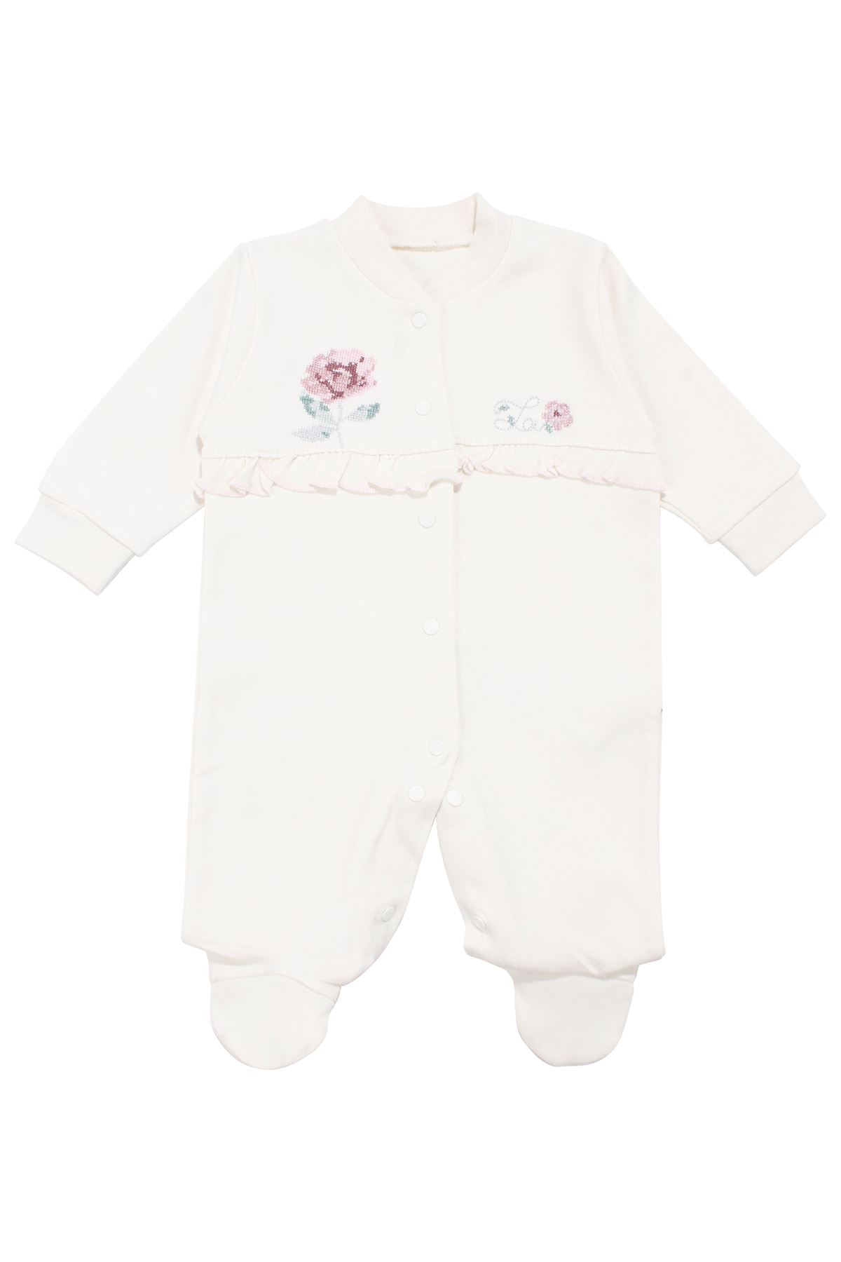 Kız Bebek Ekru Pembe Gül Nakışlı Kanaviçe Çıtçıtlı Patikli Tulum
