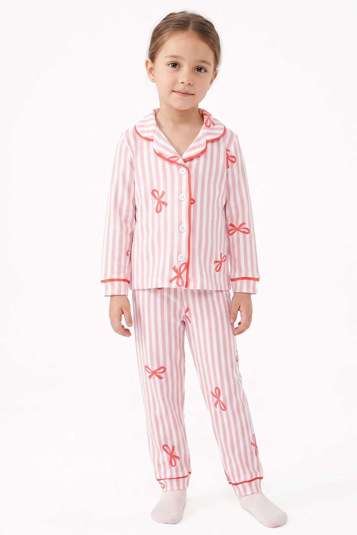 Kız Bebek Beyaz Pudra Fiyonklu Çizgili Pijama Takımı