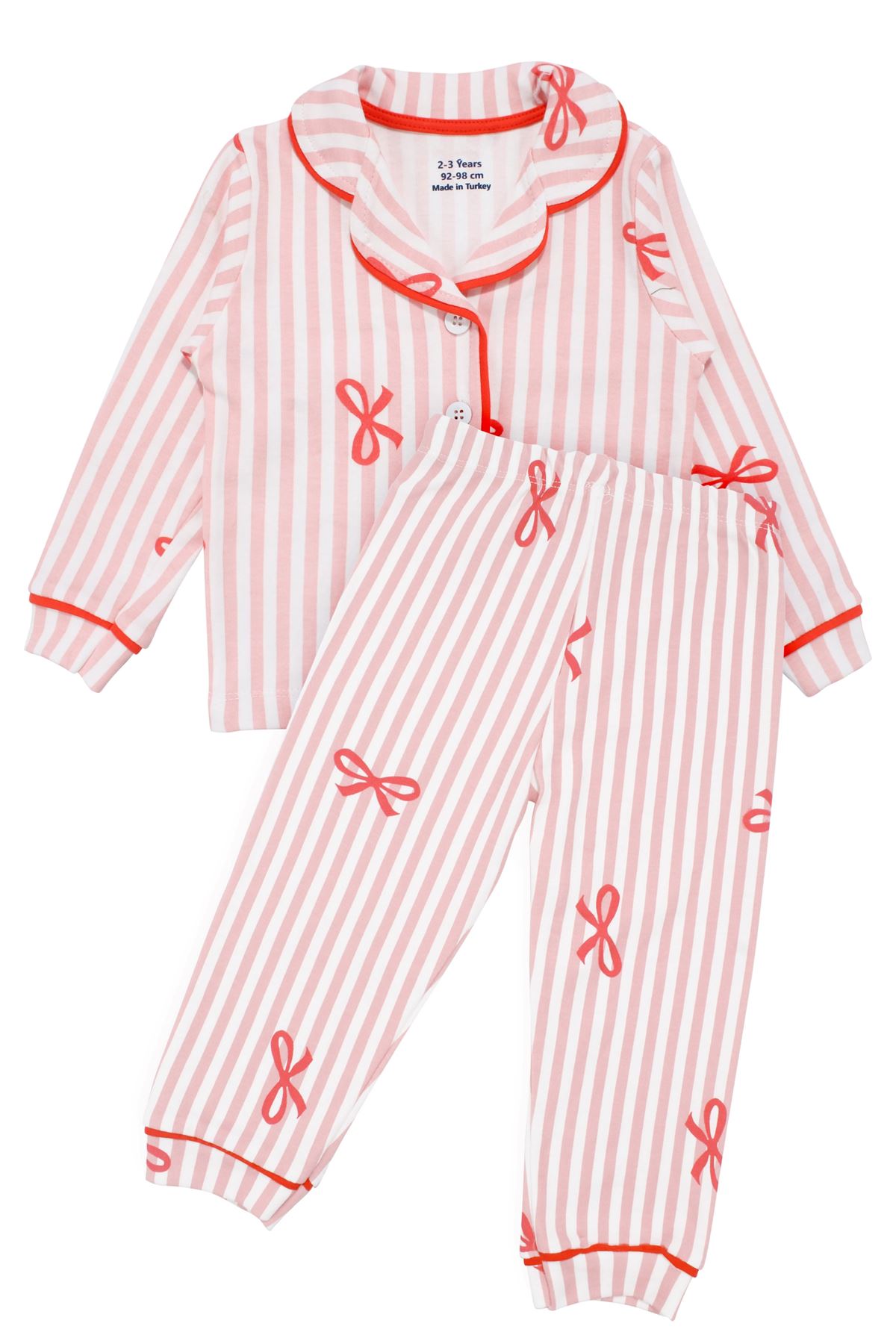 Kız Bebek Beyaz Pudra Fiyonklu Çizgili Pijama Takımı