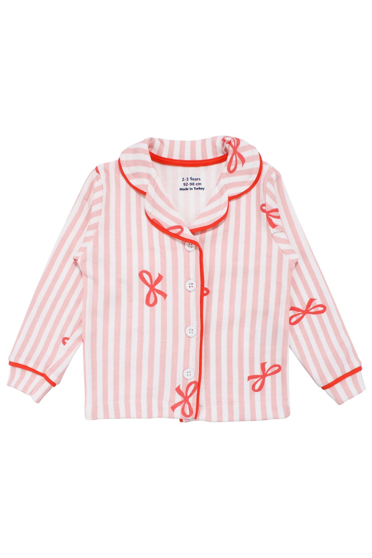 Kız Bebek Beyaz Pudra Fiyonklu Çizgili Pijama Takımı