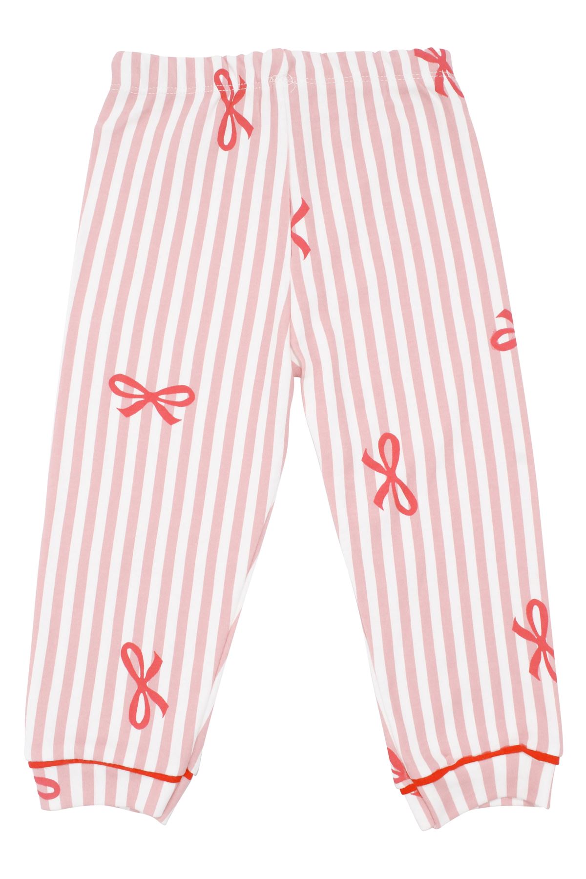 Kız Bebek Beyaz Pudra Fiyonklu Çizgili Pijama Takımı