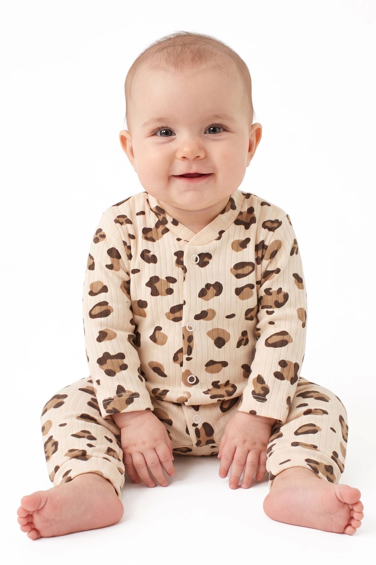 Kız Bebek Leopar Desenli Çıtçıtlı Manşetli Tulum