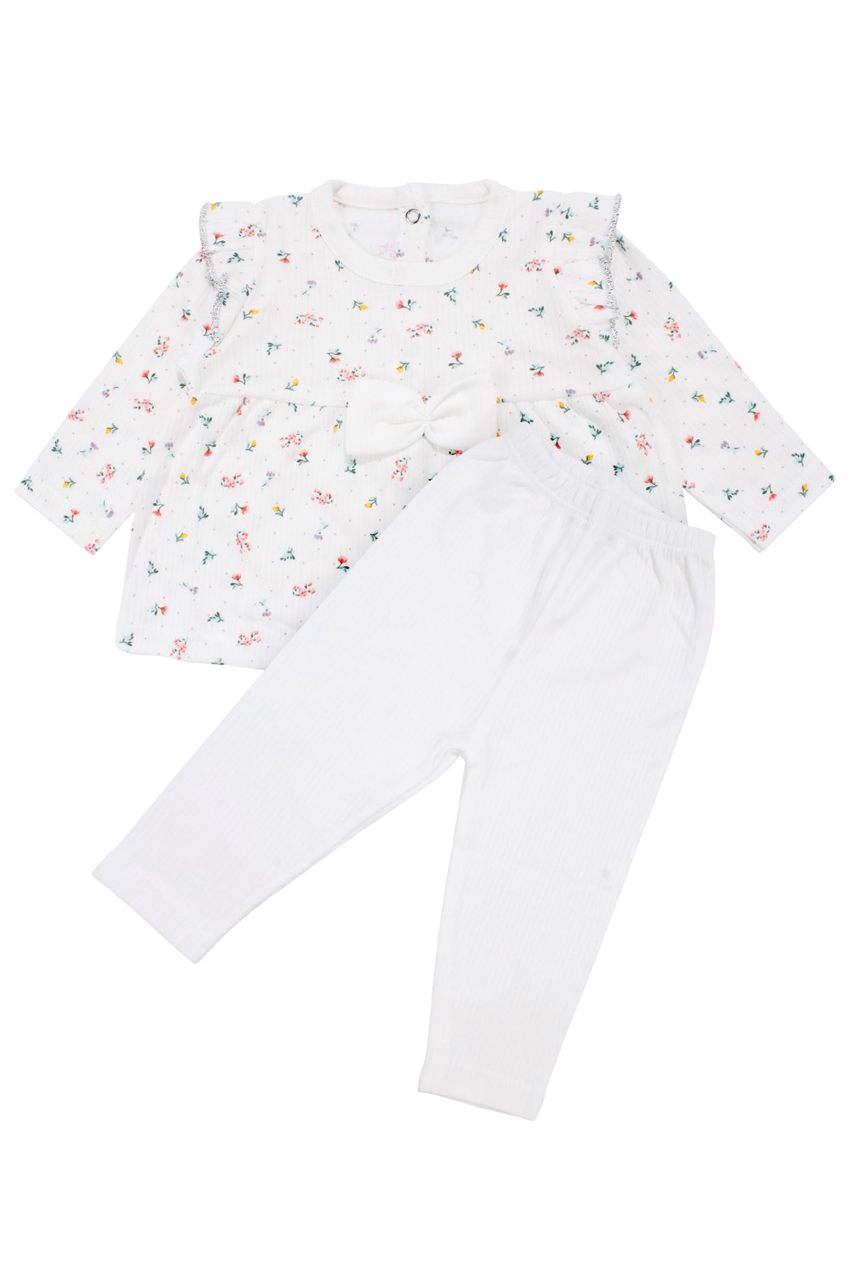 Kız Bebek Ekru Renkli Minik Çiçek Desenli Fırfırlı Pijama Takımı