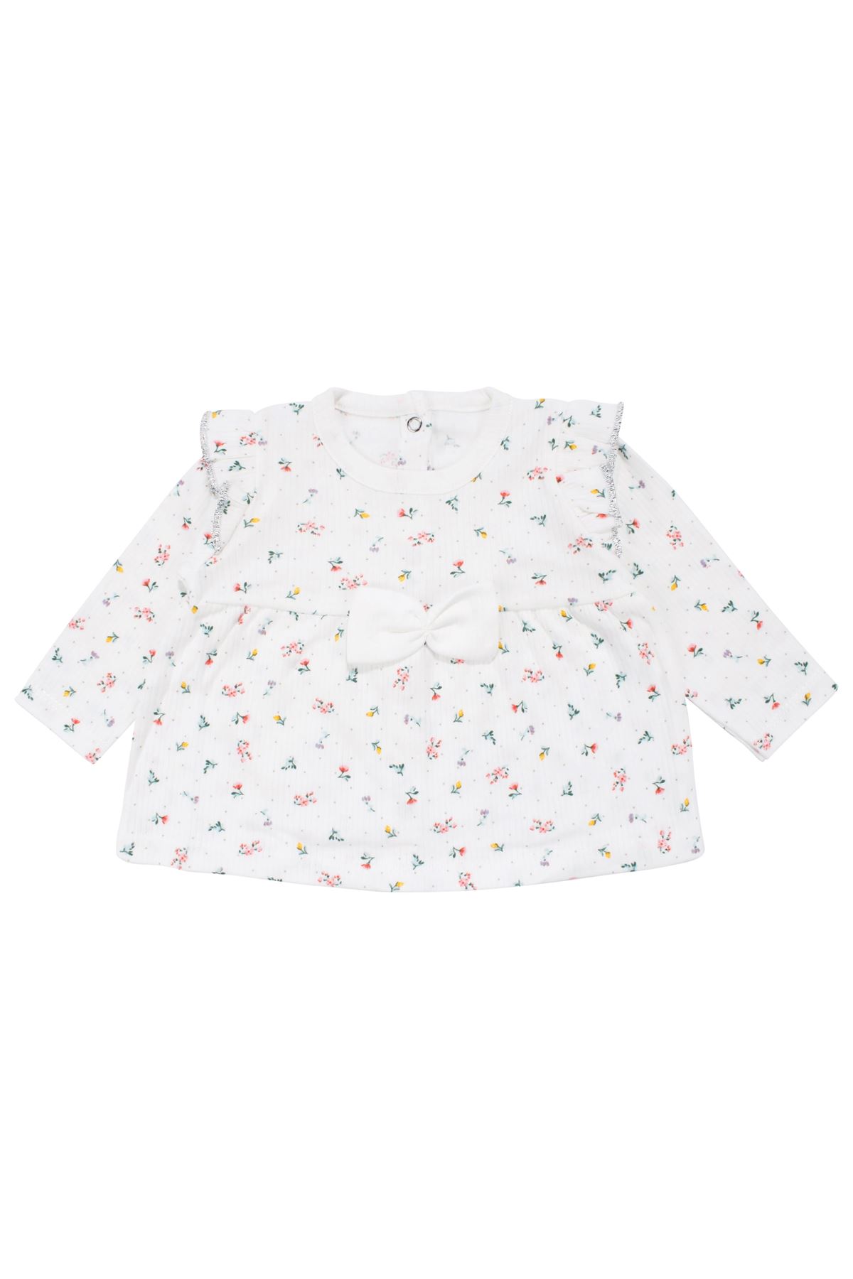 Kız Bebek Ekru Renkli Minik Çiçek Desenli Fırfırlı Pijama Takımı