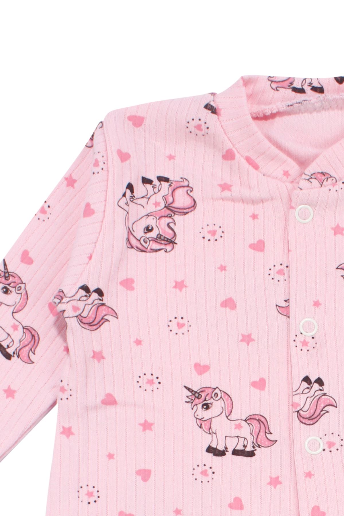 Kız Bebek Pembe Unicorn Desenli Çıtçıtlı Manşetli Tulum
