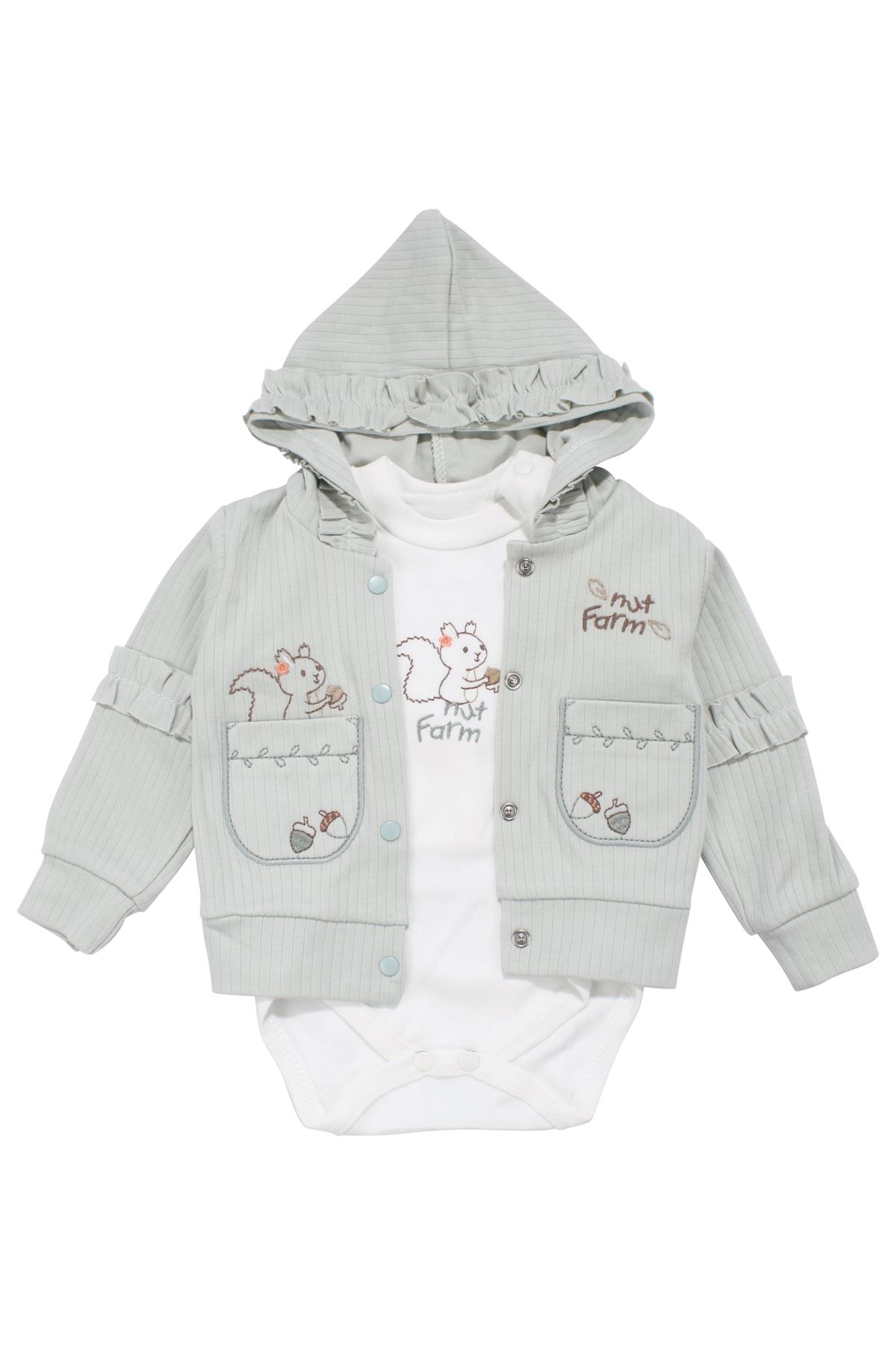 Unisex Ekru Su Yeşili Sincap Nakışlı Hırkalı 3'lü Takım