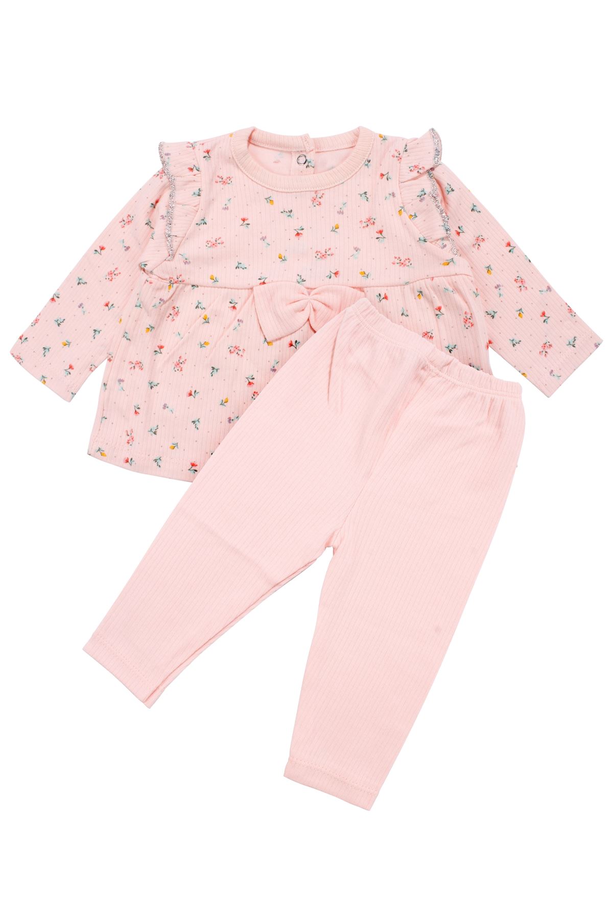 Kız Bebek Somon Renkli Minik Çiçek Desenli Fırfırlı Pijama Takımı