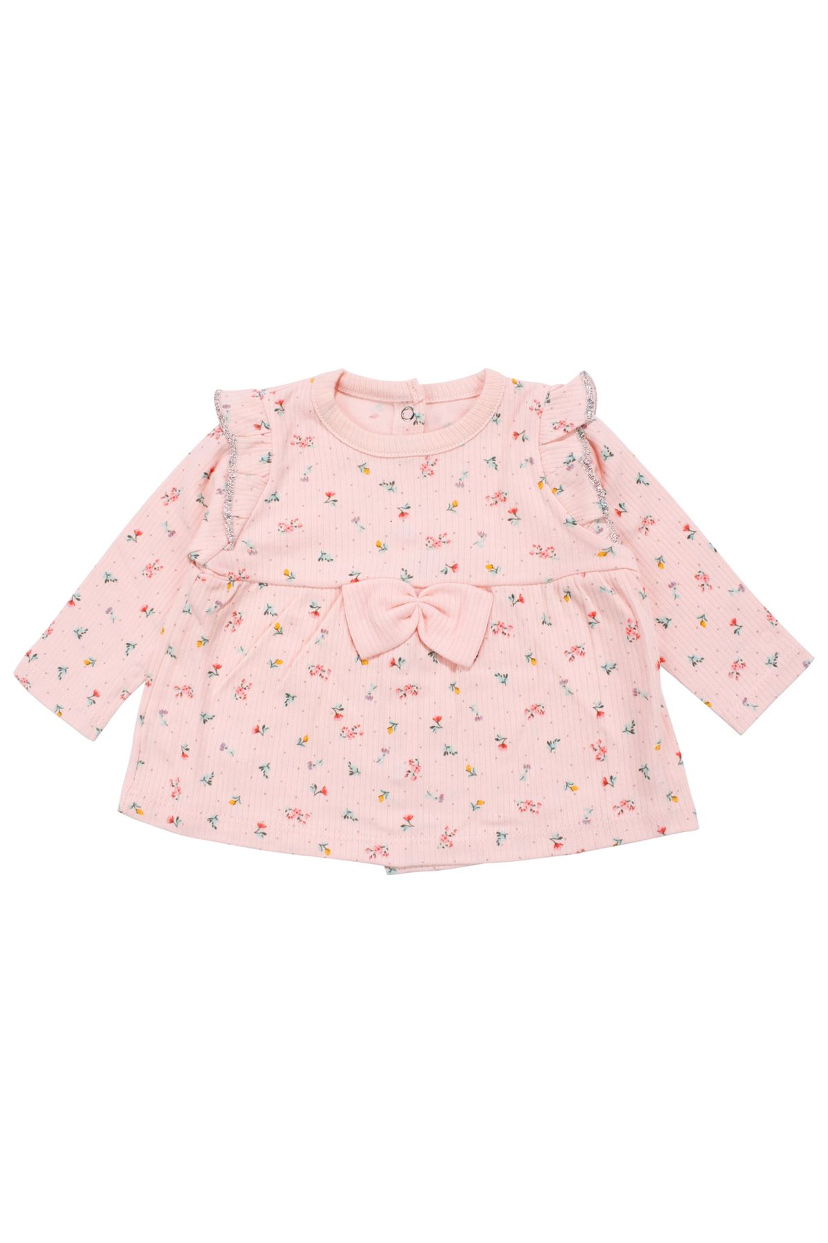 Kız Bebek Somon Renkli Minik Çiçek Desenli Fırfırlı Pijama Takımı