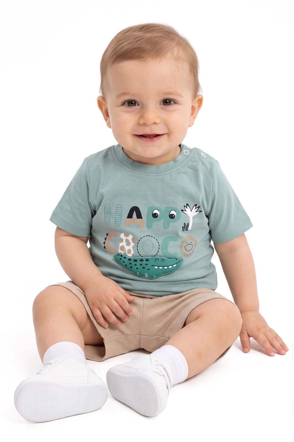 Erkek Bebek Yeşil Bej Happy Timsahlı Şortlu 2'li Takım