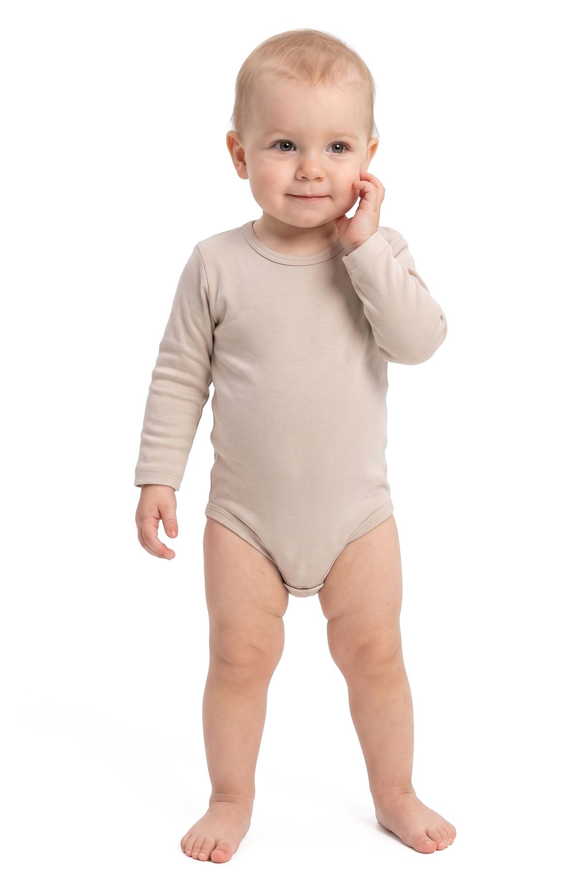 Unisex Yuvarlak Yaka Bej Düz Çıtçıtlı Body Zıbın