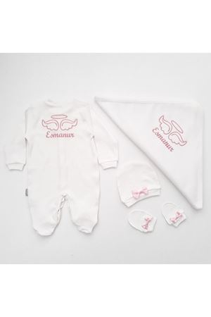 İsme Özel Pembe Nakışlı Bereli Eldivenli  Kız Bebek Tulum + Battaniye