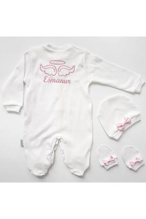 İsme Özel Pembe Nakışlı Bereli Eldivenli Kız Bebek Tulum