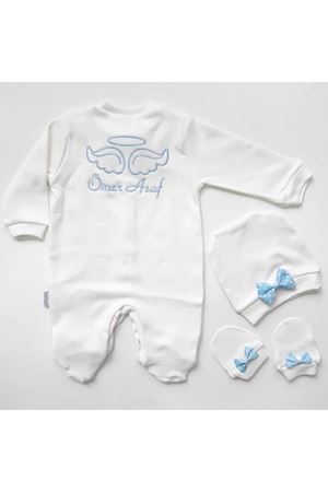 İsme Özel Mavi Nakışlı Bereli Eldivenli Erkek Bebek Tulum