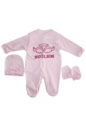 Kız Bebek İsme Özel Pembe Nakışlı Bereli Eldivenli Pembe Tulum