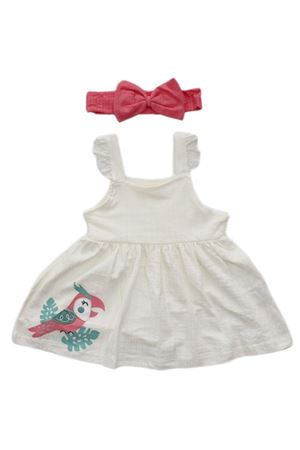 Krem Tropikal Askılı Bandanalı Elbise