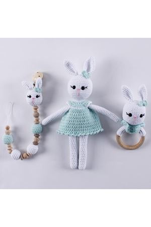 Amigurumi Yeşil Elbiseli Tavşan Diş Kaşıyıcı Emzik Askısı 3'lü Set