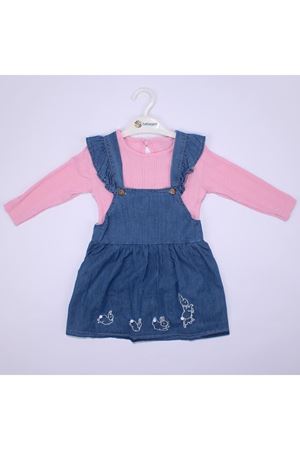 Kız Çocuk Pembe Badili Kot Salopet Elbiseli Takım