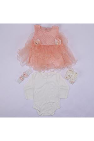 Kız Bebek Somon Tüllü Fırfırlı İncili 4 Parça Mevlüt Takımı 0-6 Ay
