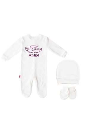 İsme Özel Mor Nakışlı Bereli Eldivenli Kız Bebek Tulum