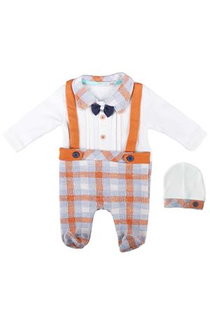 Erkek Bebek Ekru Turuncu Ekoseli Papyonlu Patikli Tulum