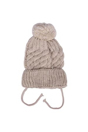 Unisex Kahve Saç Örgülü Ponponlu İpli Triko Bere 0-6 Ay