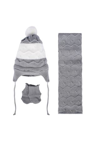 Gri Beyaz Dalga Desenli Triko Atkı Bere Set