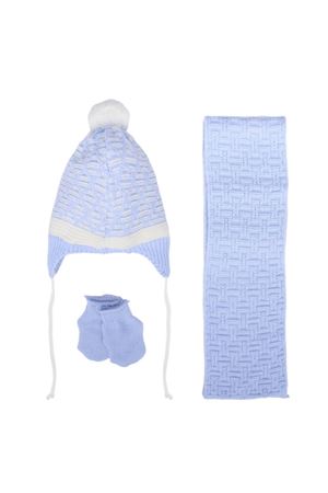 Erkek Bebek Mavi Beyaz Karışık Çizgi Desenli Triko Atkı Bere Set