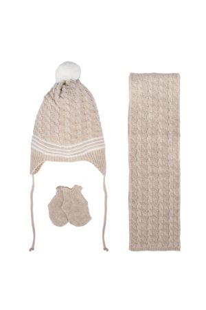 Kahve Beyaz Saç Örgü Desenli Triko Atkı Bere Set