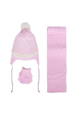 Kız Bebek Pembe Beyaz Karışık Çizgi Desenli Triko Atkı Bere Set