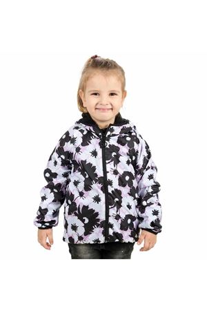 Kız Çocuk Pudra Siyah Beyaz Çiçek Desenli İçi Polar Yağmurluk