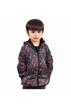 Erkek Çocuk Gri Kırmızı Karışık Desenli İçi Polar Yağmurluk