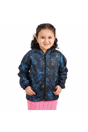 Kız Çocuk Siyah Mavi Çiçek Desenli İçi Polar Yağmurluk