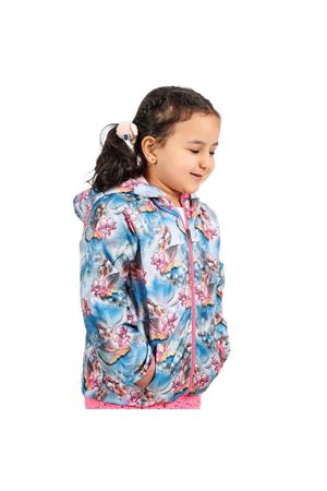 Kız Çocuk Mavi Pembe Çiçek Desenli İçi Polar Yağmurluk