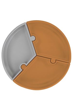 OiOi Puzzle Vakum Tabanlı Silikon Tabak Woody Brown / Powder Grey