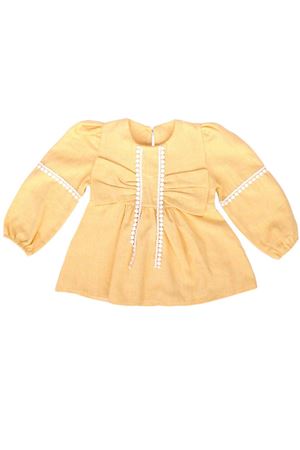 Kız Bebek Sarı Fiyonklu Dantelli Keten Elbise