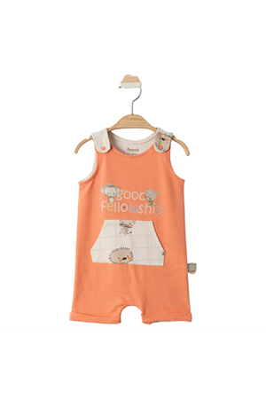 Erkek Bebek Somon Maymunlu Desenli Cepli Salopet Tulum