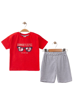 Erkek Bebek Kırmızı Gri Gözlük Baskılı Şortlu 2'li Takım