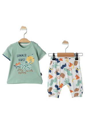 Erkek Bebek Yeşil Beyaz Ahtapotlu Desenli 2'li Takım