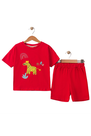 Erkek Bebek Kırmızı Zürafa Nakışlı Şortlu 2'li Takım