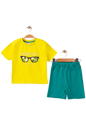 Erkek Bebek Sarı Yeşil Gözlük Baskılı Şortlu 2'li Takım