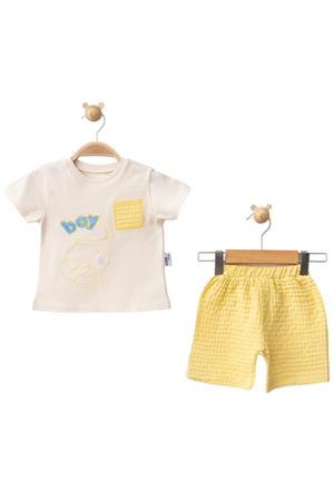Erkek Bebek Bej Sarı Boy Nakışlı Müslin Şortlu 2'li Takım