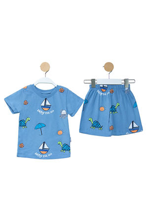 Erkek Bebek Mavi Yelkenli Desenli Şortlu 2'li Takım