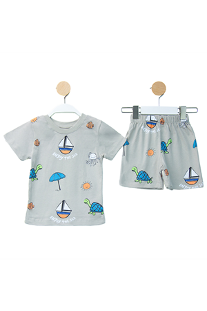 Erkek Bebek Gri Yelkenli Desenli Şortlu 2'li Takım