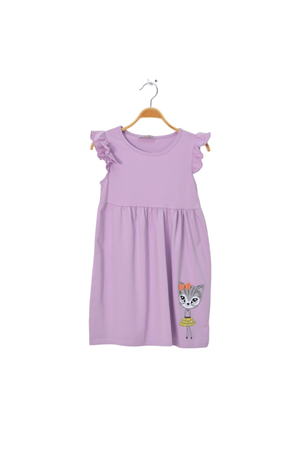 Kız Çocuk Lila Kolları Fırfırlı Kedi Baskılı Elbise