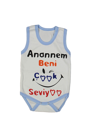 Beyaz Mavi Biyeli Anaannem Beni Seviyor Yazılı Askılı Zıbın